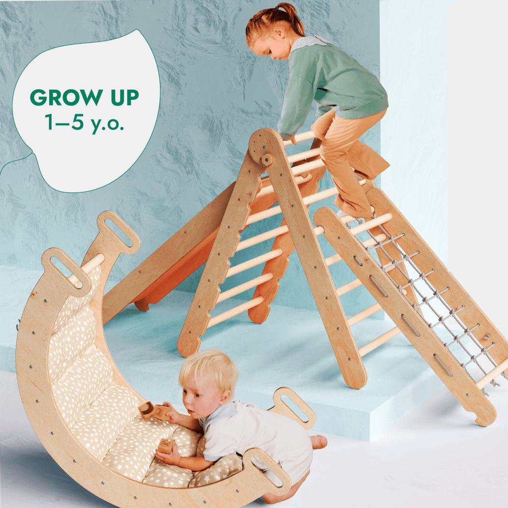 5in1 Montessori Climbing Set: Triangle Ladder + Arch/Rocker + Slide Board/Ramp + Netting rope + Cushion