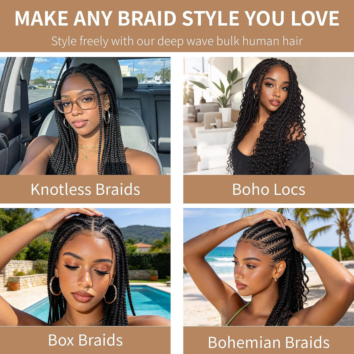 Deep Wave Human Braiding Hair Bulk 16A Grade 3 Packs
